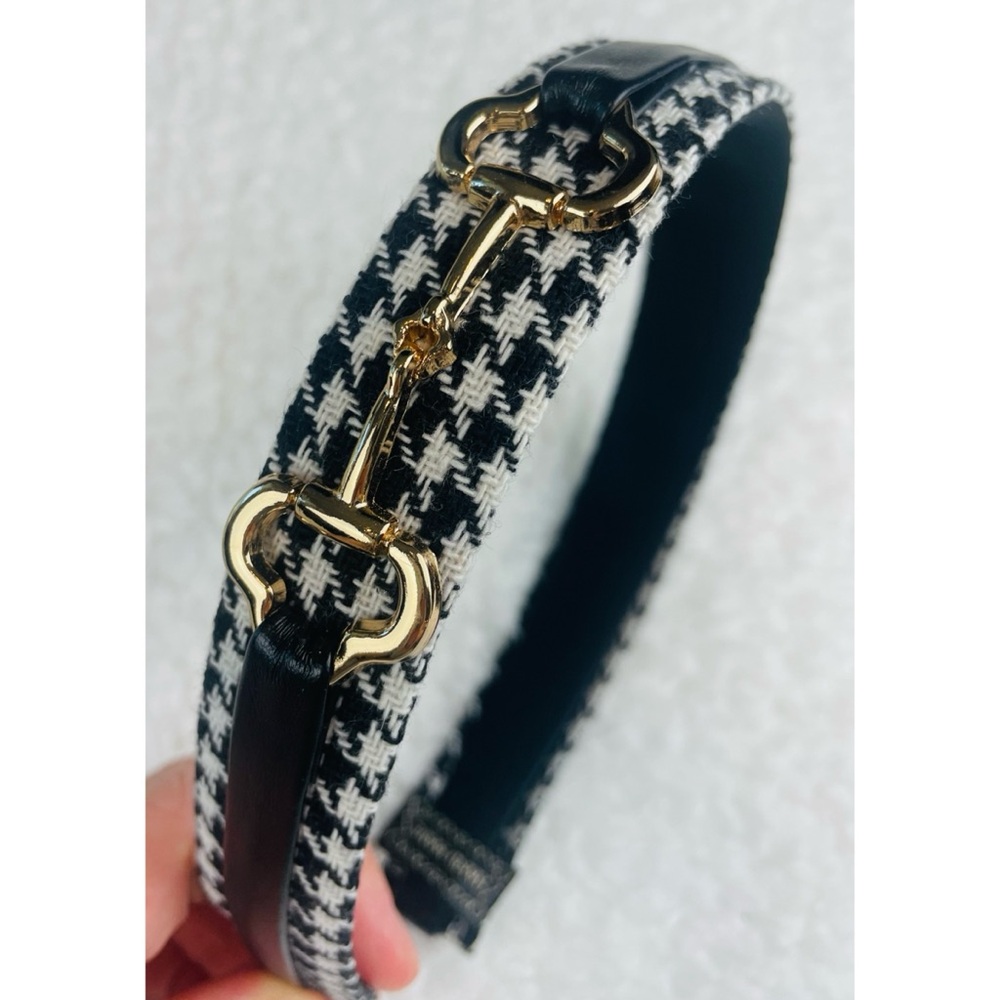 (NWOT) Handmade Black/White/Gold Houndstooth Horse Bit Headband - Picture 3 of 12